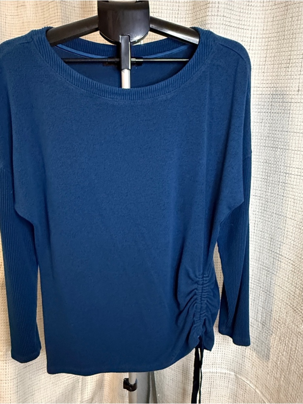 White House Black Market Deep Blue Long-Sleeve Side-Ruched Top